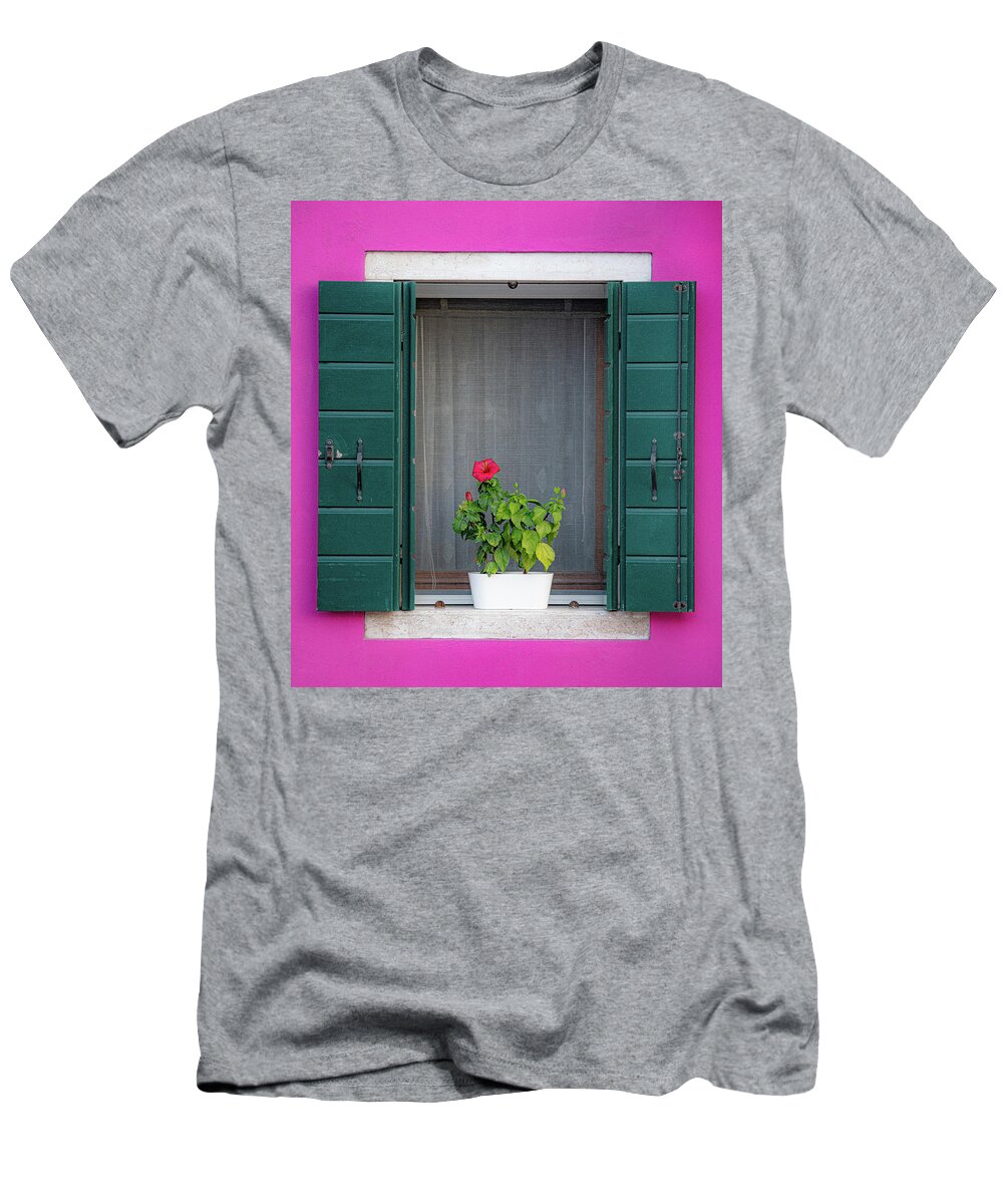 Burano T-Shirt featuring the photograph Pink and Green Burano Window by David Downs