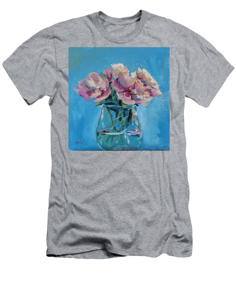 Pink T-Shirt featuring the painting Pink Flowers with Blue by Sheila Romard