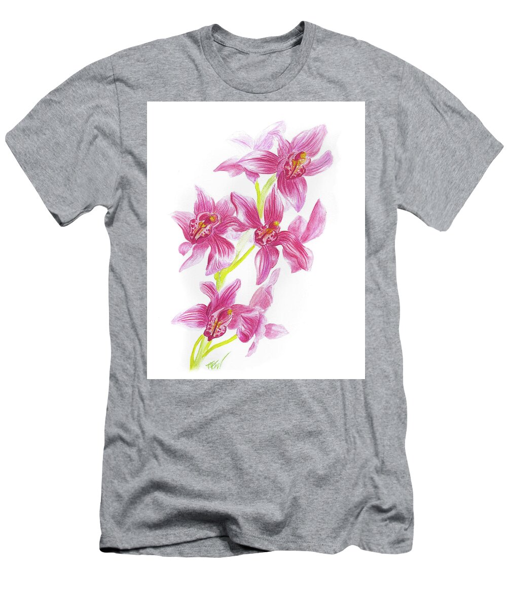 Pink Orchid T-Shirt featuring the drawing Pink Orchid by Tatiana Fess