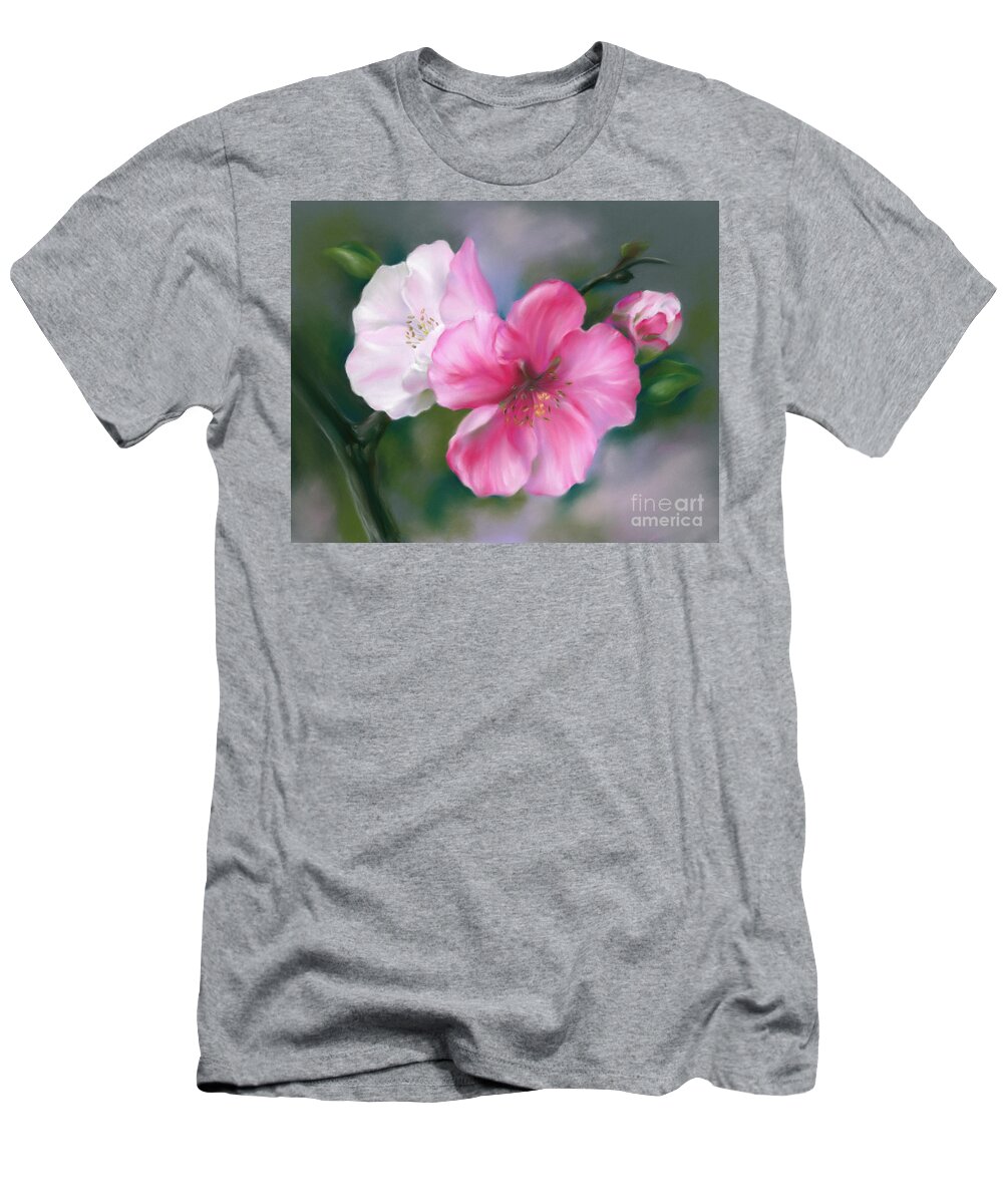 Botanical T-Shirt featuring the painting Pink Quince Flowers and Bud by MM Anderson