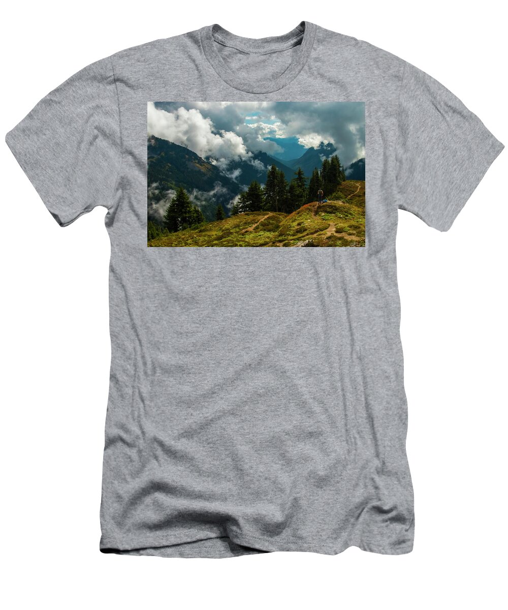 Mount Rainier National Park T-Shirt featuring the photograph Pinnacle, Plummer, Reflections, Clouds by Doug Scrima