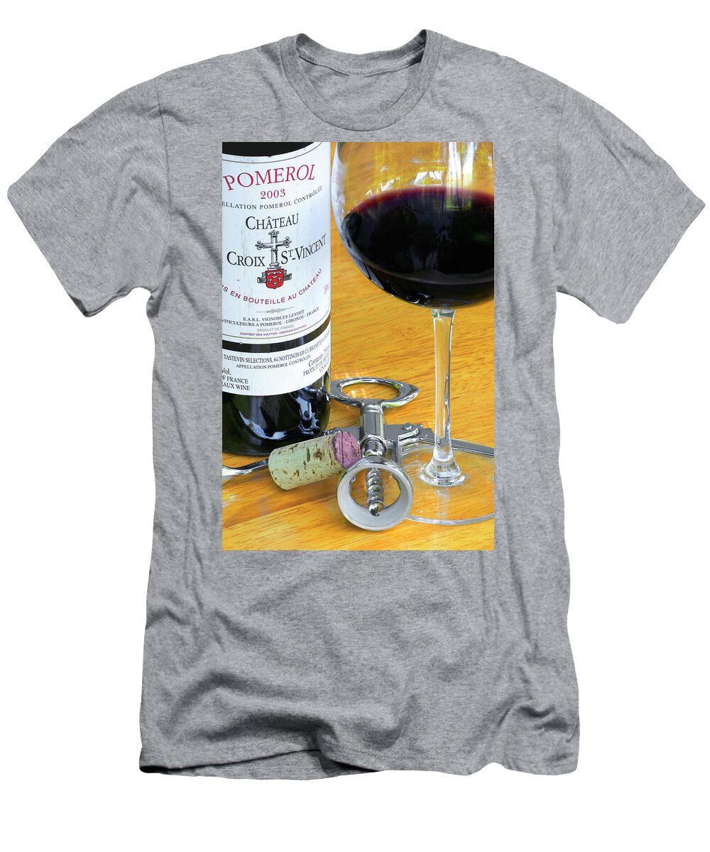 Wine Glass T-Shirt featuring the photograph Wine Bottle, Glass and Corkscrew - Pomerol by Kenneth Lane Smith