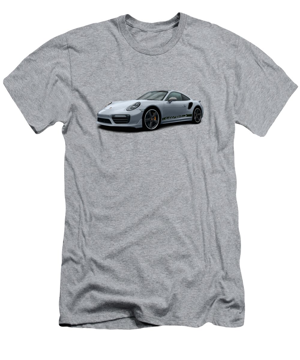 Hand Drawn T-Shirt featuring the digital art Porsche 911 991 Turbo S Digitally Drawn - Grey with side decals script by Moospeed Art