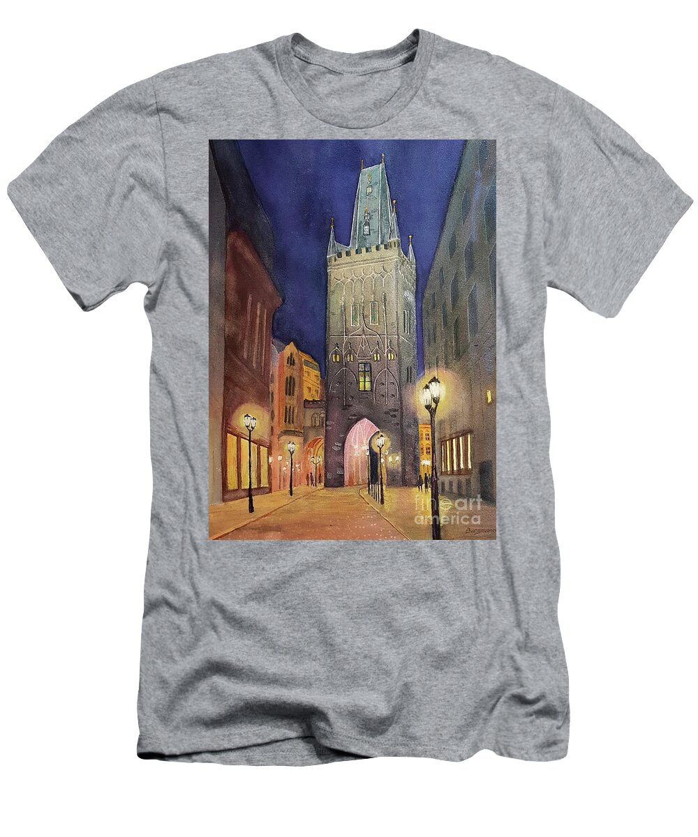 Prague T-Shirt featuring the painting Powder Tower-Prague by Petra Burgmann