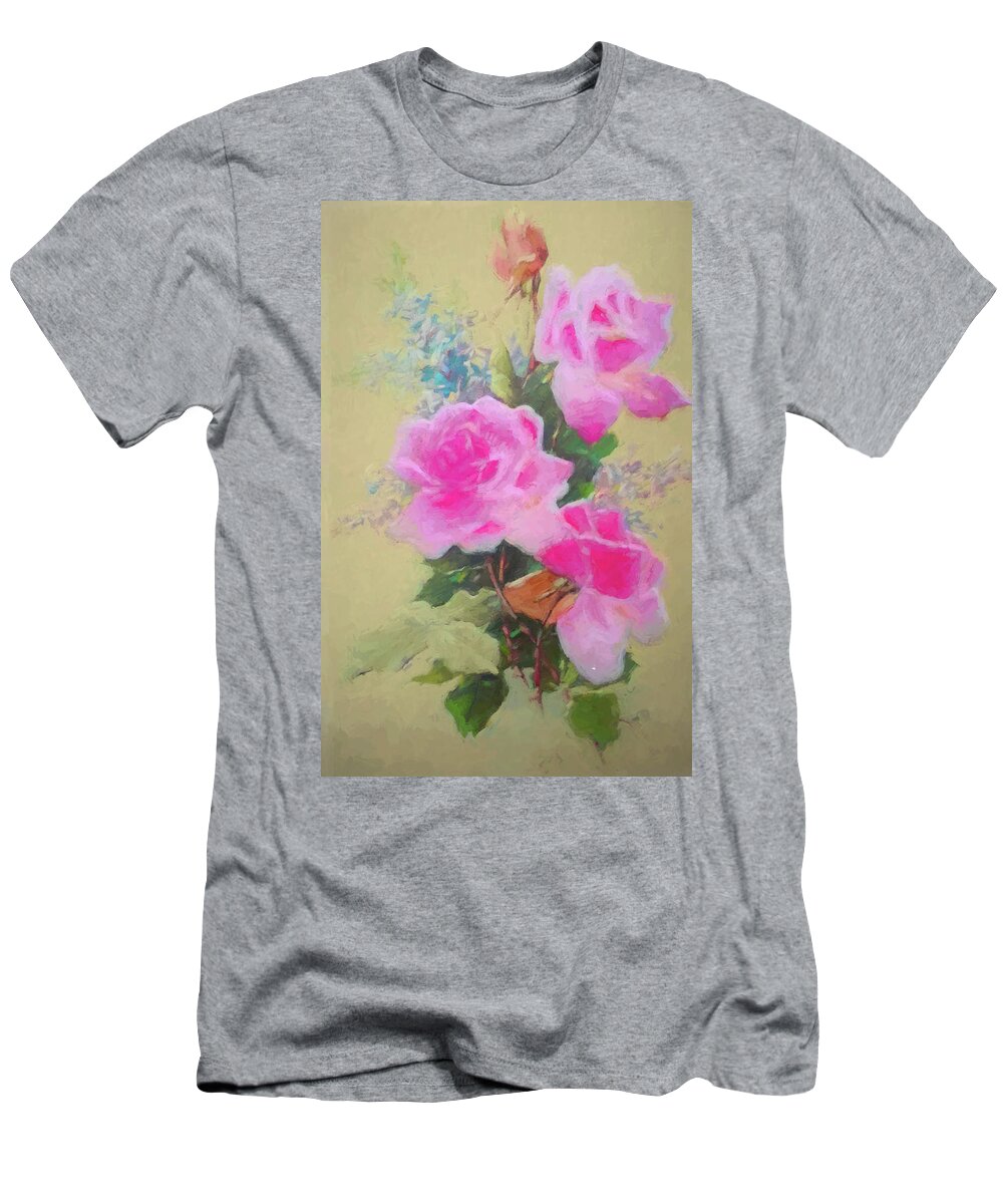 Pretty Pink Roses T-Shirt featuring the drawing Pretty Pink Roses by Cathy Anderson