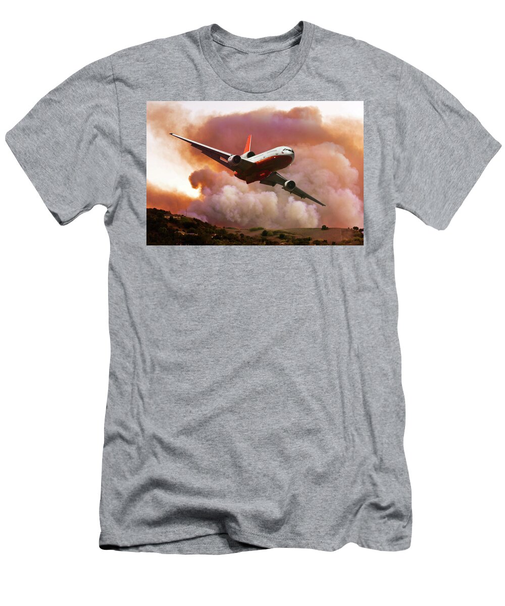 Mcdonnell Douglas Dc-10 Firefighting Aircraft T-Shirt featuring the mixed media Pulling Up and Away from the Wildfire by Erik Simonsen
