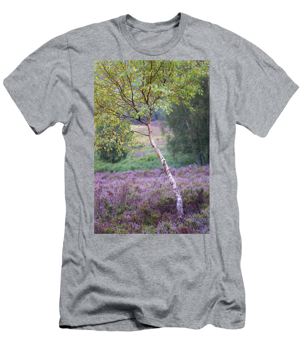 Autumn T-Shirt featuring the photograph Purple heather and early Autumn golden leaves by Anita Nicholson