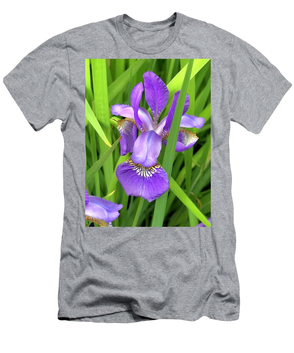 Flower T-Shirt featuring the photograph Purple Iris in the Green Grass by Lisa Pearlman