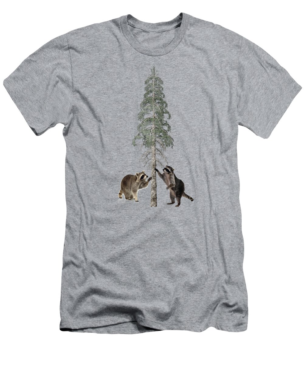 Raccoon T-Shirt featuring the mixed media Raccoons in the Wild Winter Forest by David Dehner
