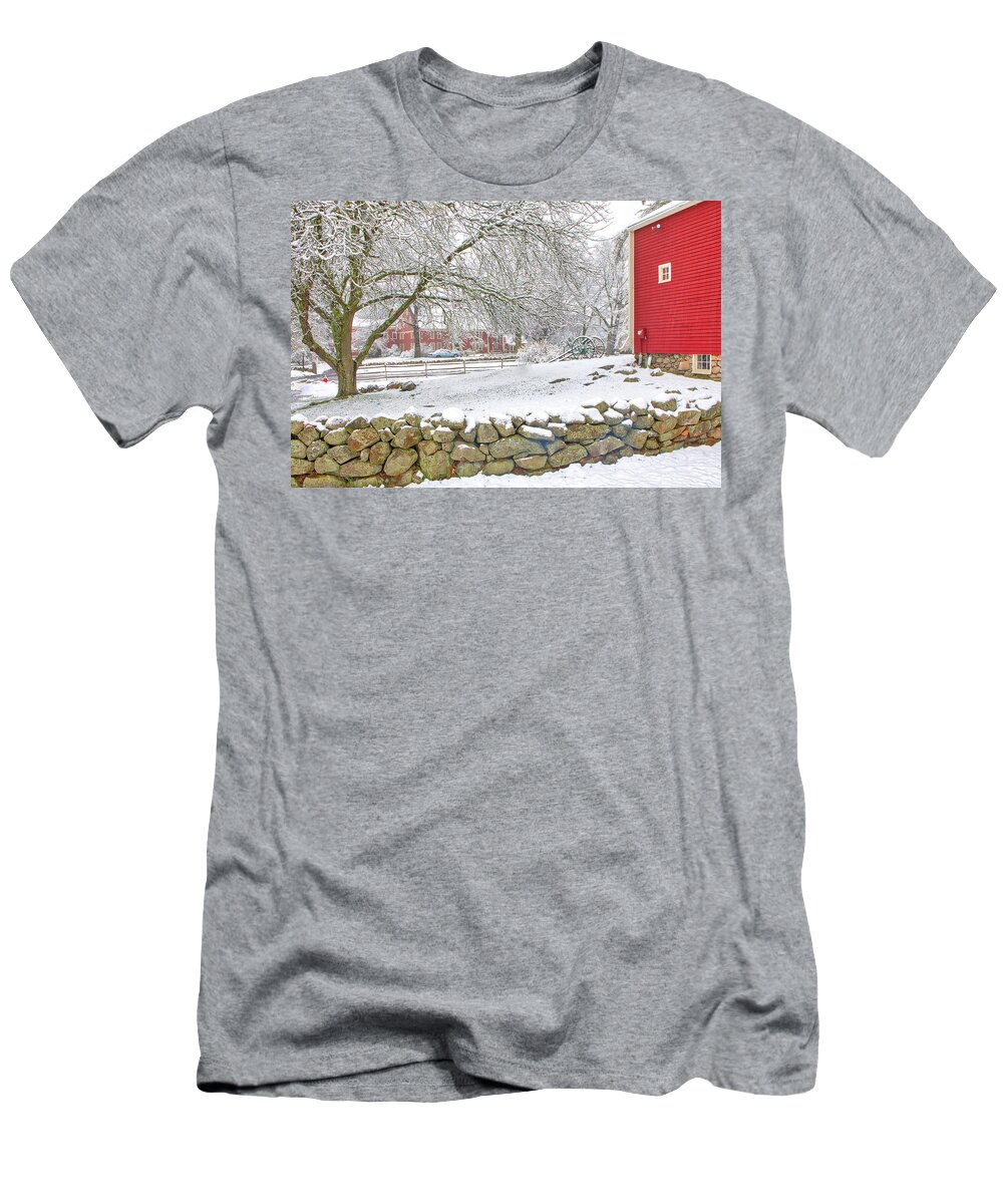 Snow Covered T-Shirt featuring the photograph Red Barn at the Longfellows Wayside Inn by Juergen Roth
