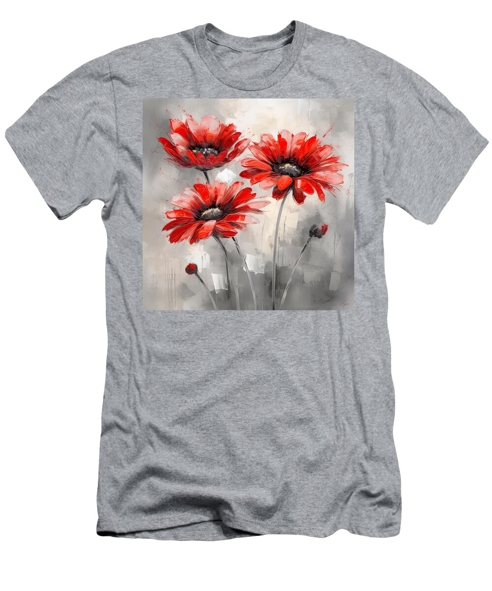 Red And Gray Art T-Shirt featuring the digital art Red Flower Bloom in Gray World by Lourry Legarde