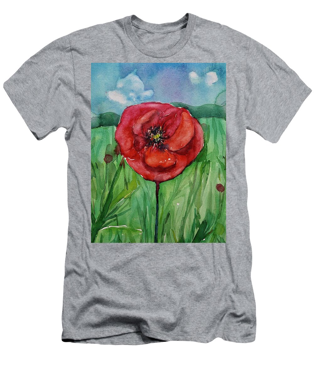  T-Shirt featuring the painting Red Flower by Mikyong Rodgers