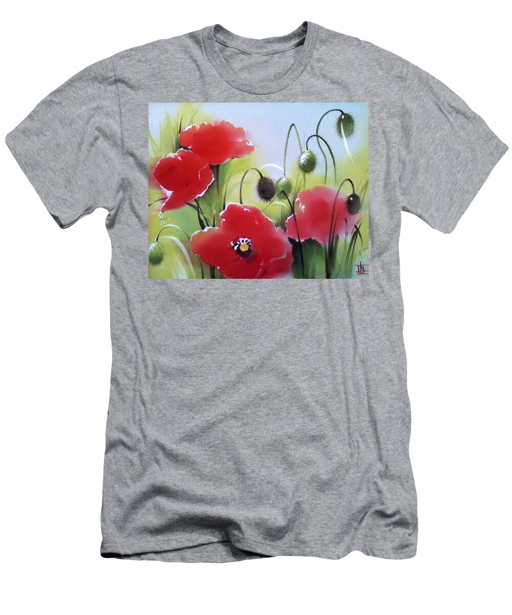 Russian Artists New Wave T-Shirt featuring the painting Red Poppy Flowers in Summer Meadow by Alina Oseeva