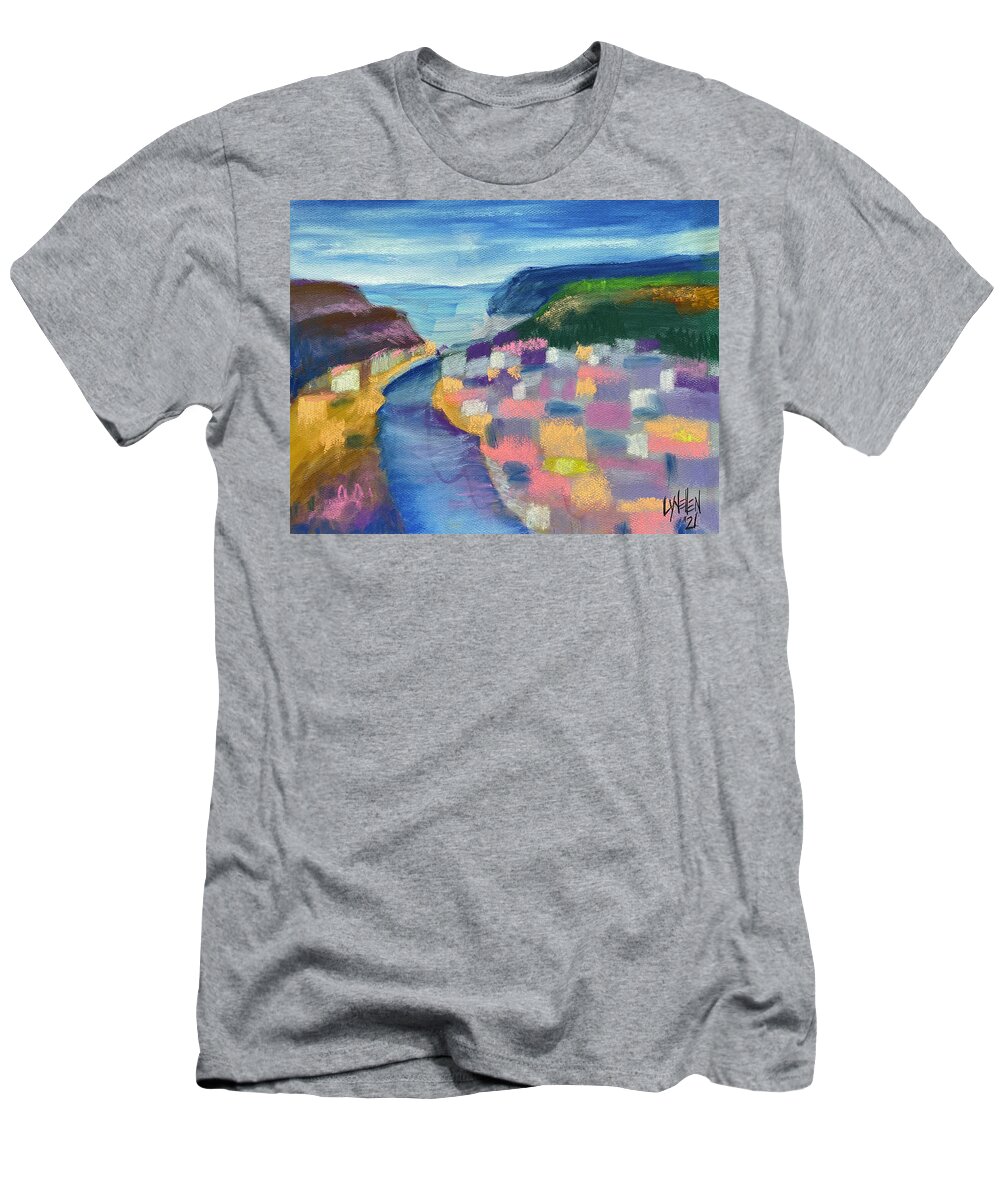 River T-Shirt featuring the pastel Reiverside Village by Lynellen Nielsen