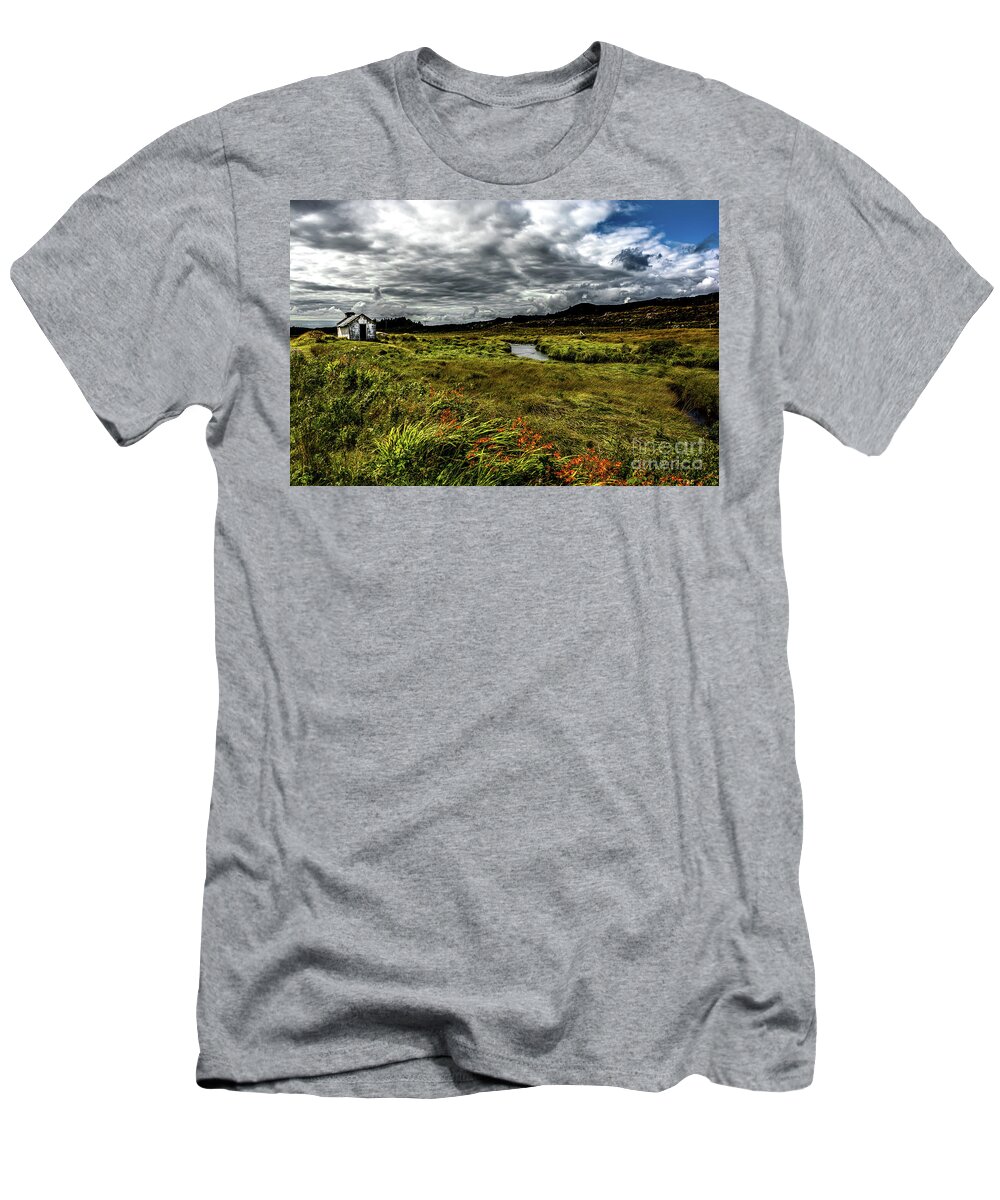 Ireland T-Shirt featuring the photograph Remote Hut Beneath River in Ireland by Andreas Berthold