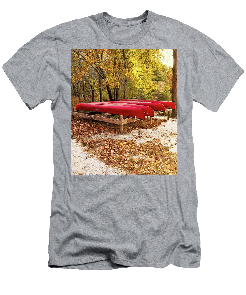 Red Canoes T-Shirt featuring the photograph Red Canoes Until Next Summer by Ola Allen