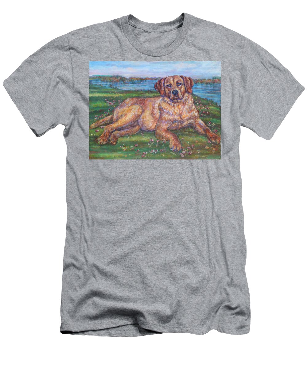 Dog T-Shirt featuring the painting Retriever Dog At The River by Veronica Cassell vaz