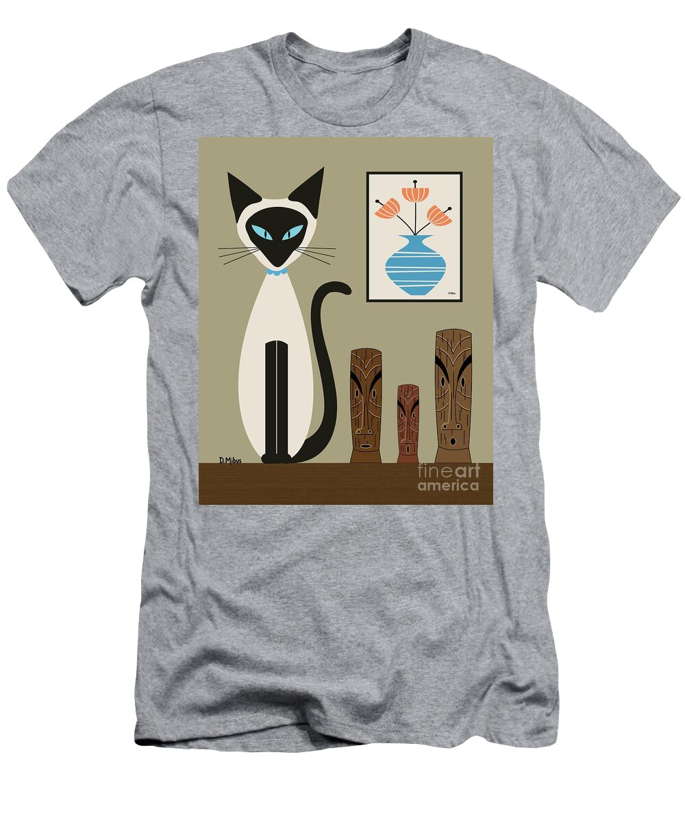 Mid Century Cat T-Shirt featuring the digital art Retro Siamese with Tikis by Donna Mibus