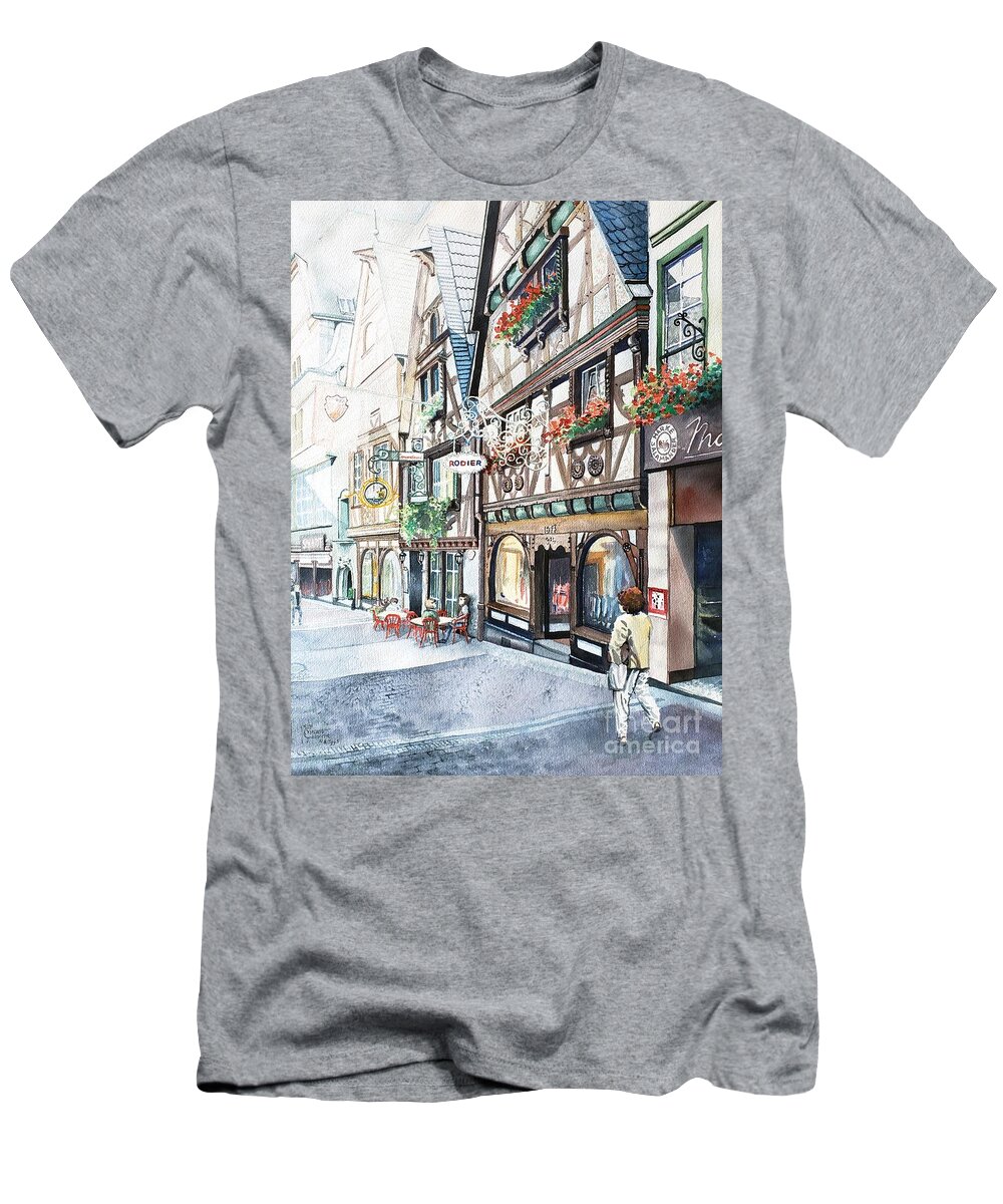 Rhine T-Shirt featuring the painting Rhine Village, Germany by Merana Cadorette