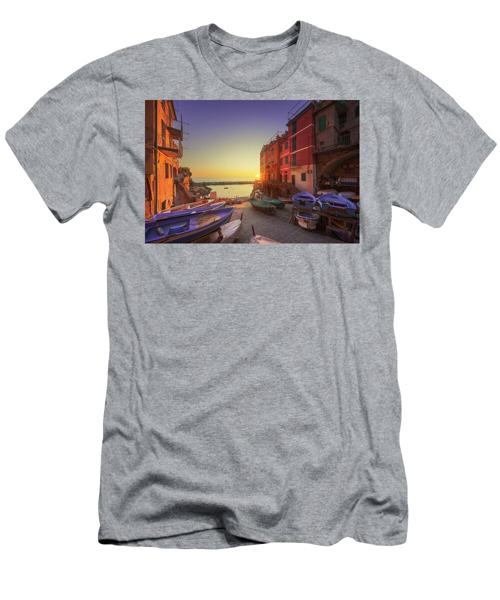 Riomaggiore T-Shirt featuring the photograph Riomaggiore, boats in the street at sunset. Cinque Terre by Stefano Orazzini