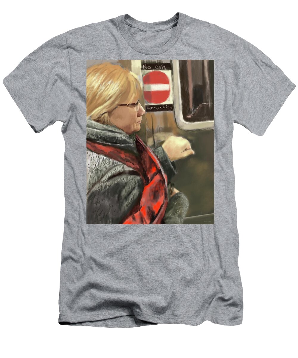 Robin T-Shirt featuring the digital art Robin On A Subway by Larry Whitler