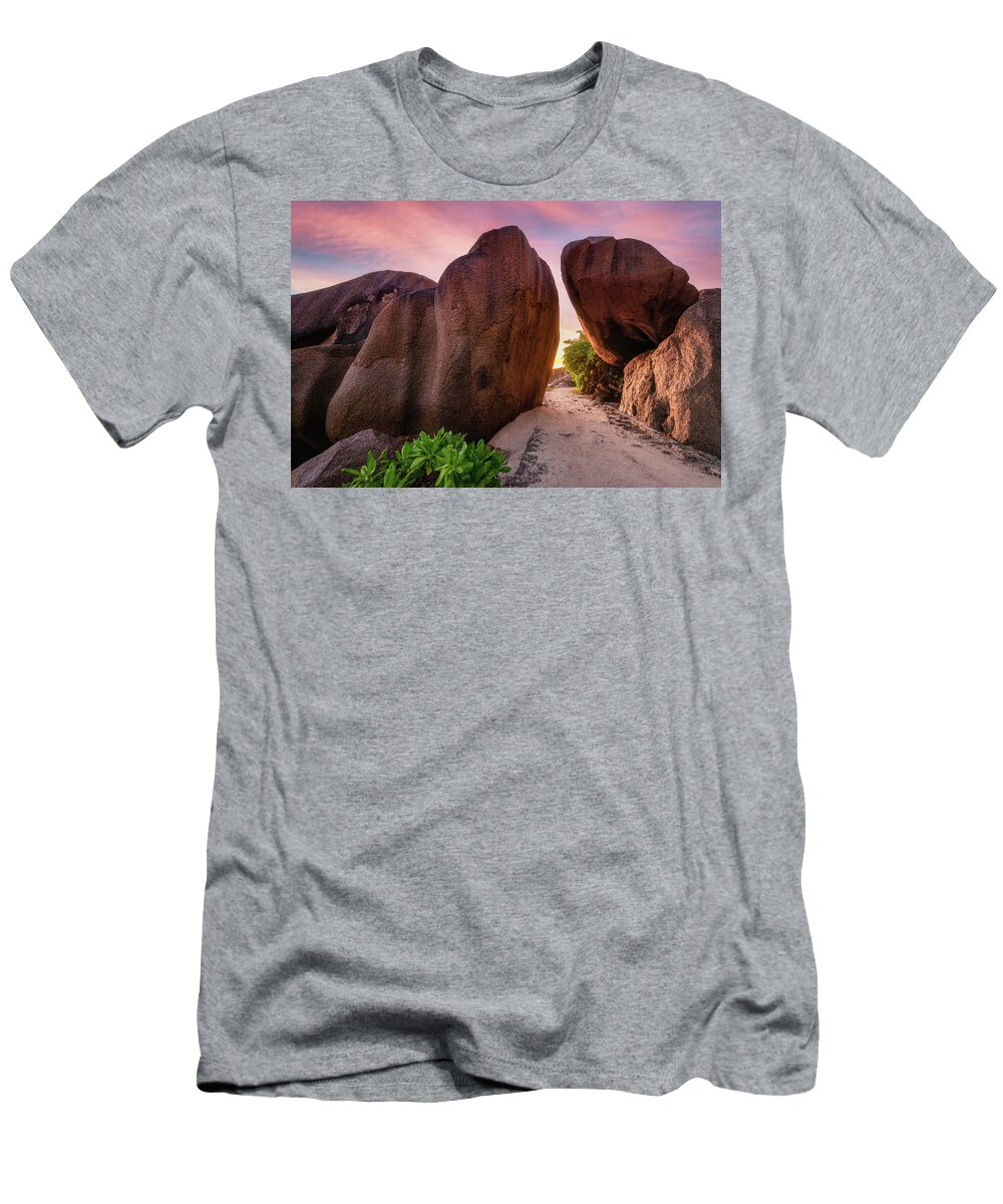 Tropical T-Shirt featuring the photograph Rocks at sunset by Erika Valkovicova