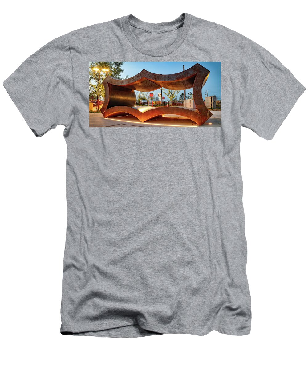 Frisco Sculpture T-Shirt featuring the photograph Rogers Arkansas Frisco Sculpture Panorama by Gregory Ballos