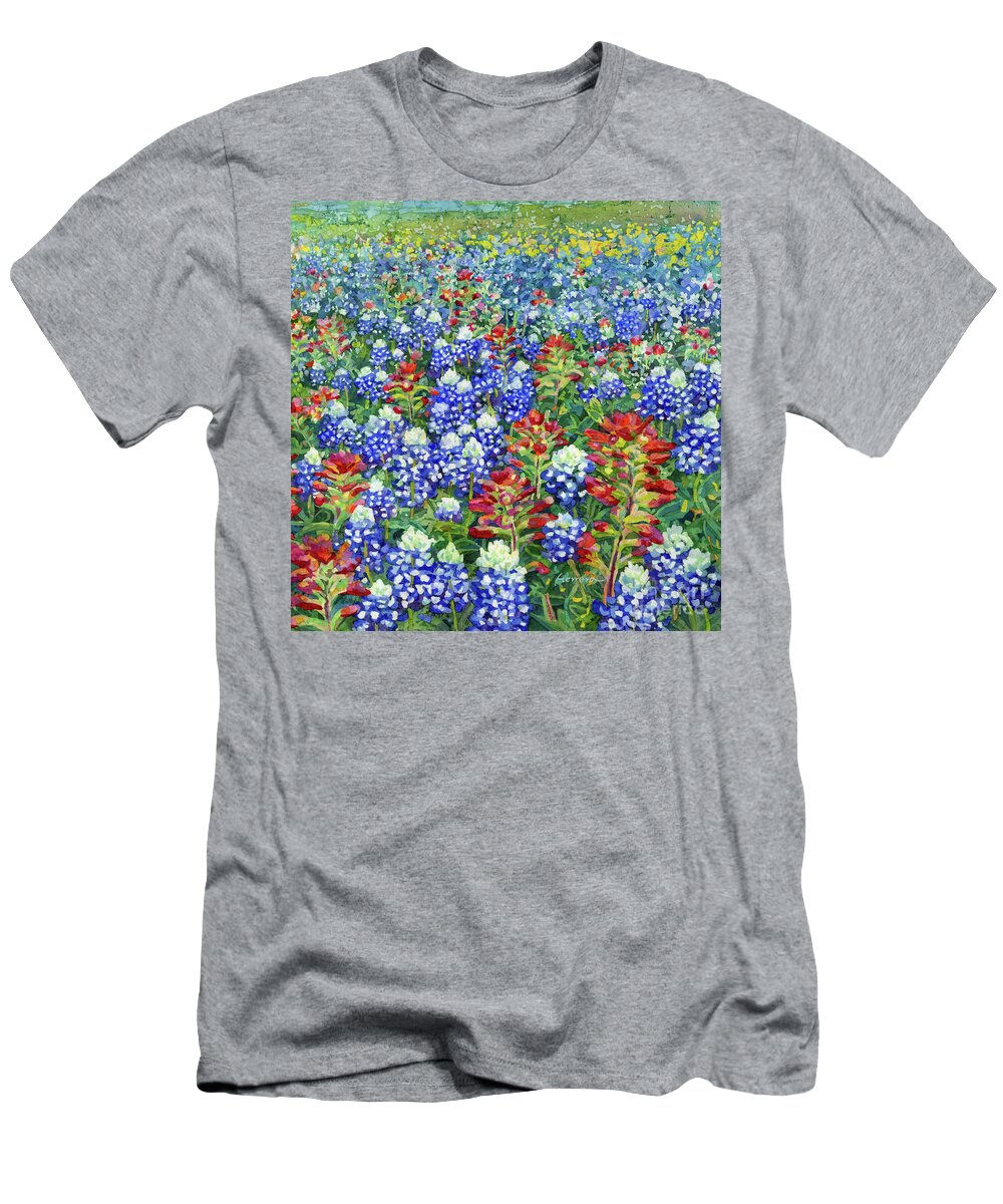Wild Flower T-Shirt featuring the painting Rolling Hills of Wildflowers - Bluebonnet and Indian Paintbrush 1 by Hailey E Herrera