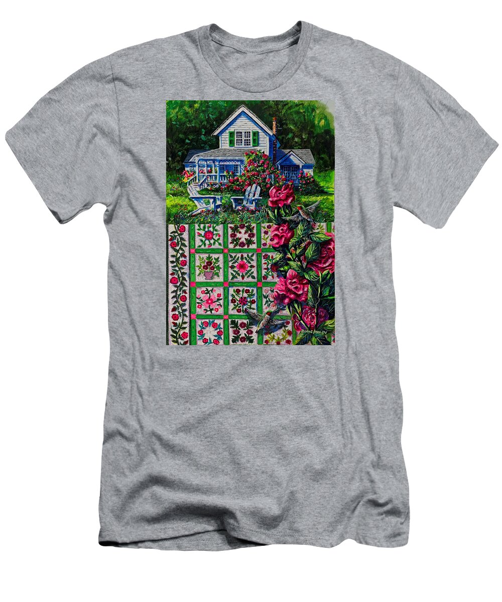 A Patchwork Quilt Of Traditional Rose Patterns In A Rose Garden With Hummingbirds T-Shirt featuring the painting Rose Garden by Diane Phalen
