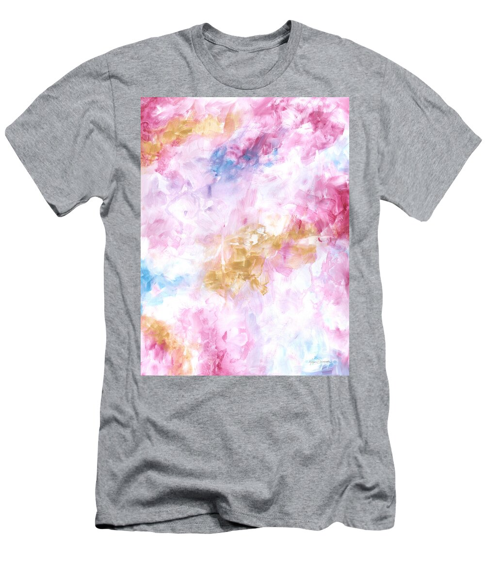 Abstract T-Shirt featuring the painting ROSE QUARTZ I Original Acrylic Art Metallic Gold Abstract Liquid Dreams Painting by Megan Duncanson by Megan Aroon