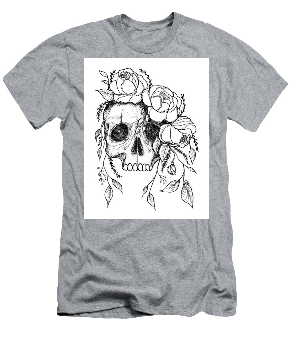 Skull T-Shirt featuring the drawing Rose Skull by Kenneth Pope