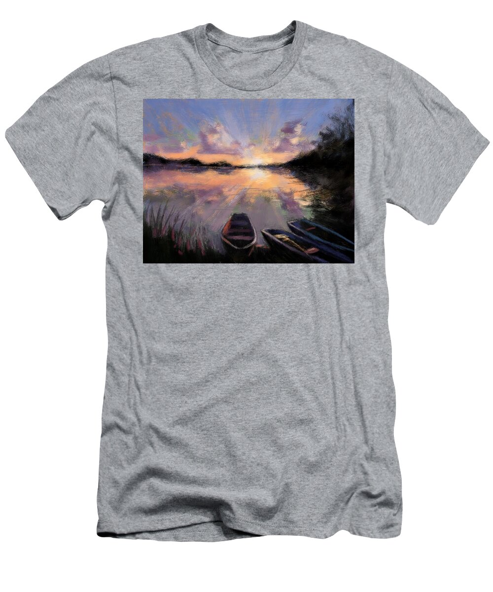 Rowboat T-Shirt featuring the painting Rowboat Sunset by Larry Whitler