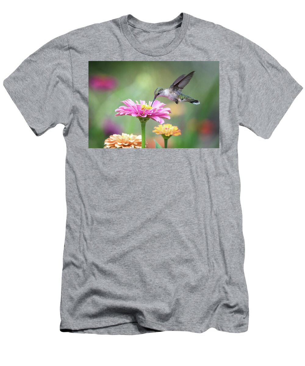 Ruby Throated Hummingbird T-Shirt featuring the photograph Ruby Throated Hummingbird by Linda Shannon Morgan