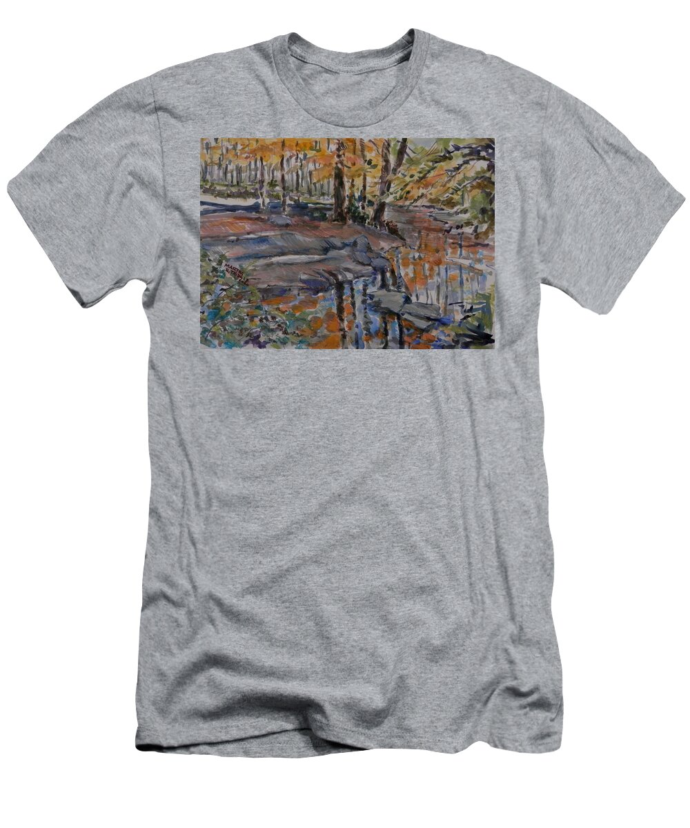 Fall Reflections In Backyard Creek And Stone Outcroppings T-Shirt featuring the painting Sabbath Creek Shoals by Martha Tisdale