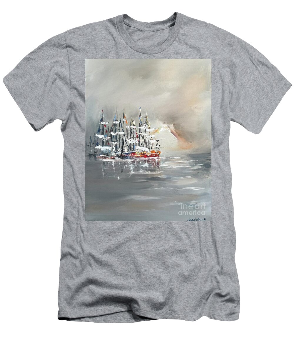 Sailing Boats At Harbor Miroslaw Chelchowski Acrylic Painting Print Ocean Dark Rest Boats Cloudy Seascape Water Gray T-Shirt featuring the painting Sailing boats at harbor by Miroslaw Chelchowski