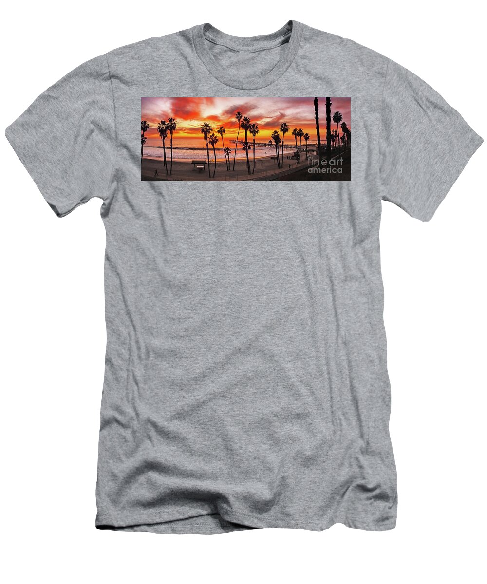 San Clemente T-Shirt featuring the photograph San Clemente Pier Sunset Panoramic, California Coast by Don Schimmel