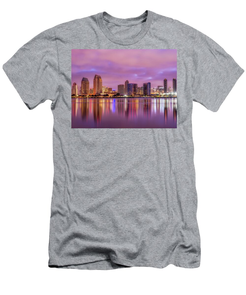 San Diego T-Shirt featuring the photograph San Diego Skyline Purple Dawn by Joseph S Giacalone