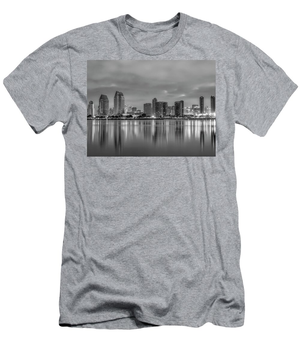 San Diego T-Shirt featuring the photograph San Diego Skyline Reflections Monochrome by Joseph S Giacalone