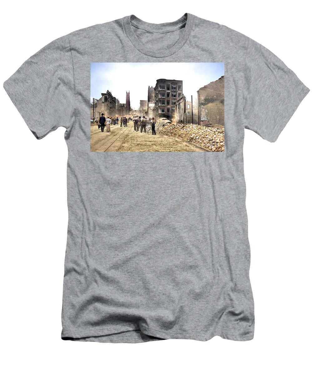 Wingsdomain T-Shirt featuring the photograph San Francisco Great Earthquake of 1906 Colorized 20210406 by Wingsdomain Art and Photography