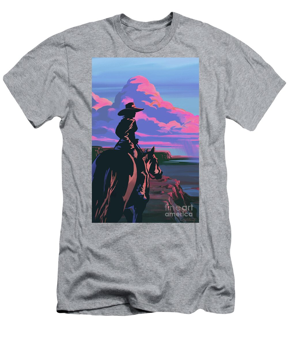 Horse T-Shirt featuring the painting Scenic Sunset Canyon Cowgirl by Sassan Filsoof