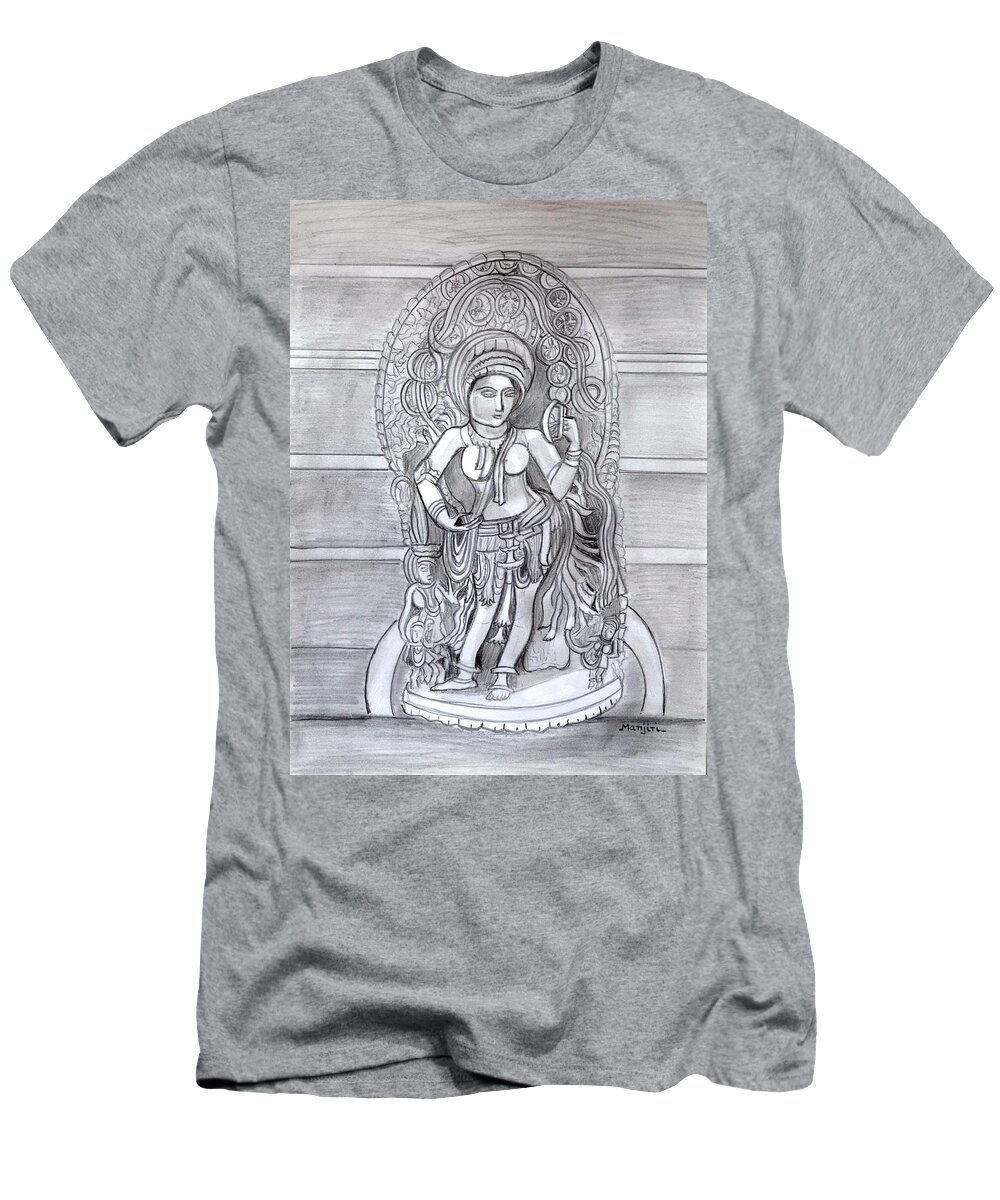 Sculpture T-Shirt featuring the drawing Sculpture pencil drawing of Madanika Chennakesava temple Karnataka by Manjiri Kanvinde