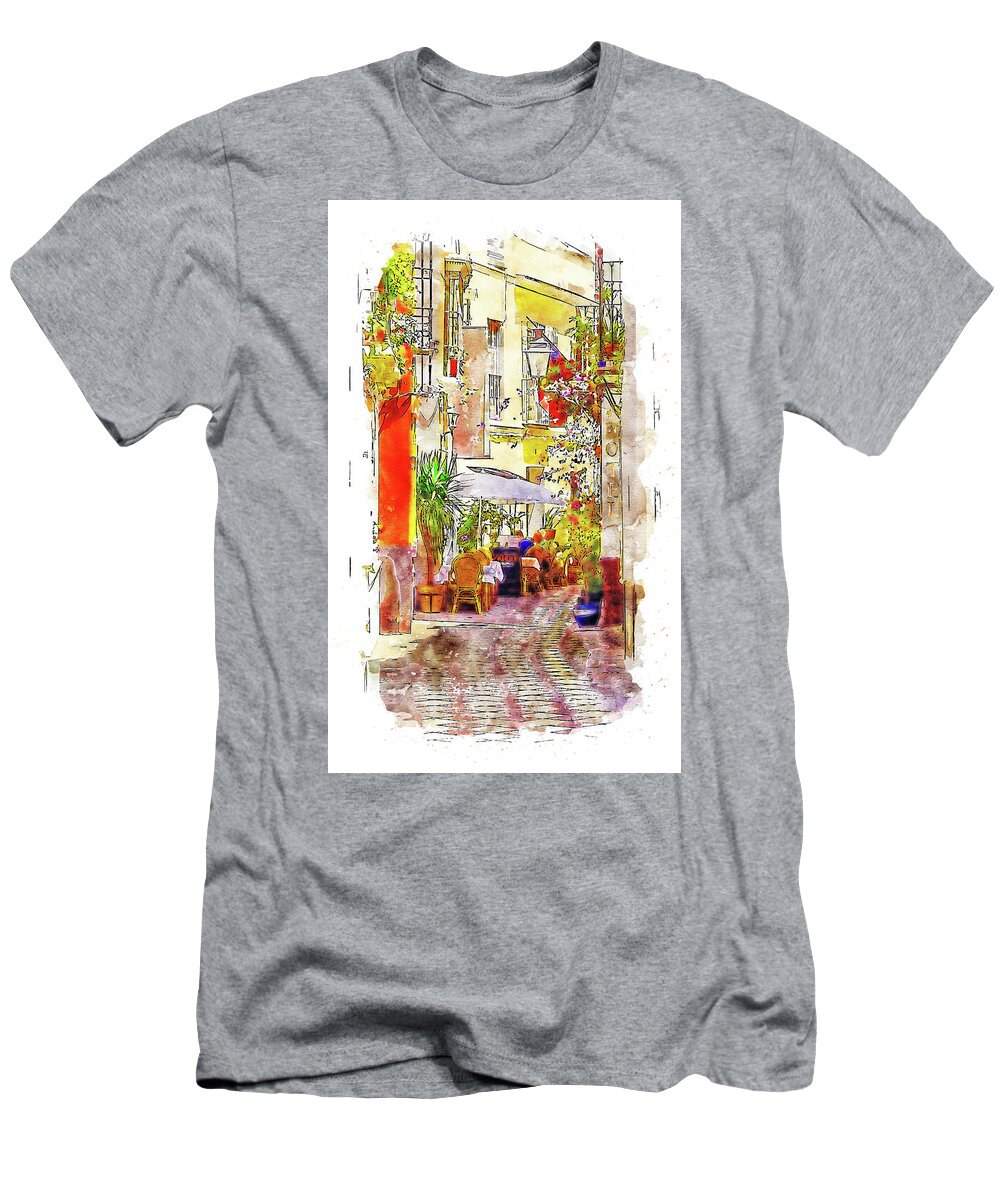 Sevilla T-Shirt featuring the painting Seville, the colorful streets of Spain - 22 by AM FineArtPrints