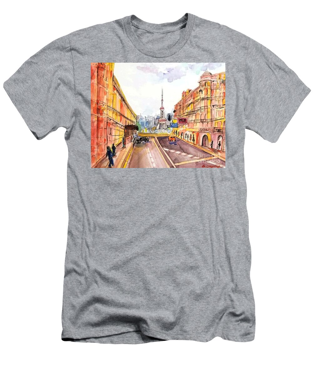 Shanghai Peal Tv Tower T-Shirt featuring the painting Shanghai Peal TV Tower by Leslie Ouyang