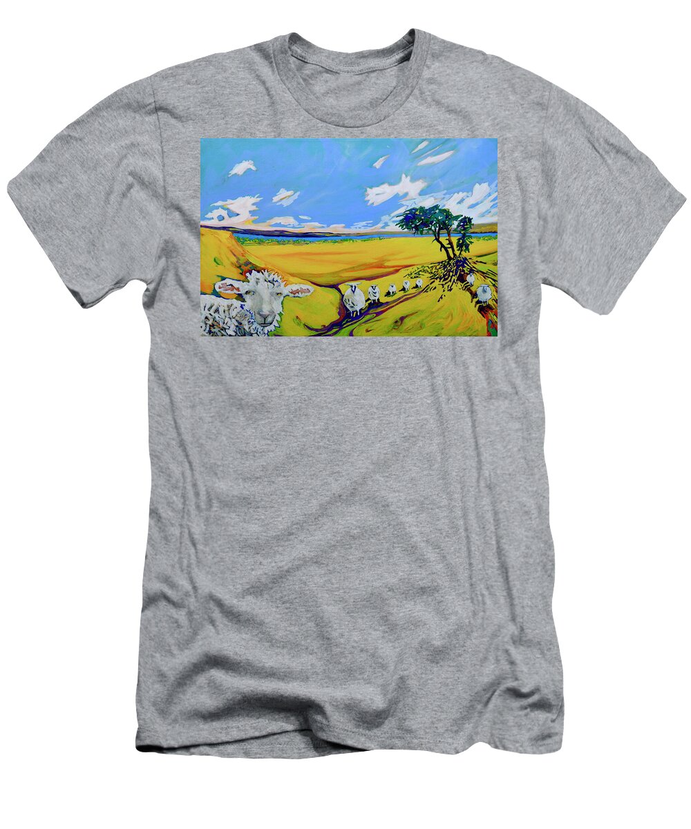 Sheep T-Shirt featuring the painting Sheep Coming Home by Marysue Ryan