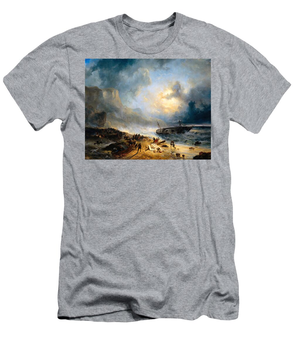 Shipwreck T-Shirt featuring the painting Shipwreck on a Rocky Coast by Wijnandus Johannes Joseph Nuyen