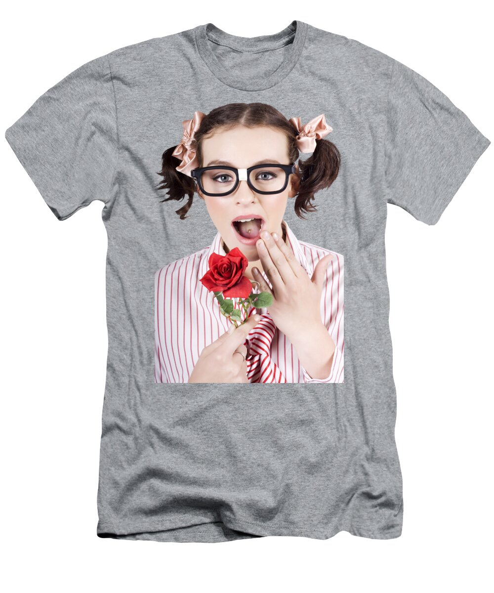 Love T-Shirt featuring the photograph Shocked Romantic Nerdy Girl Holding Red Rose by Jorgo Photography