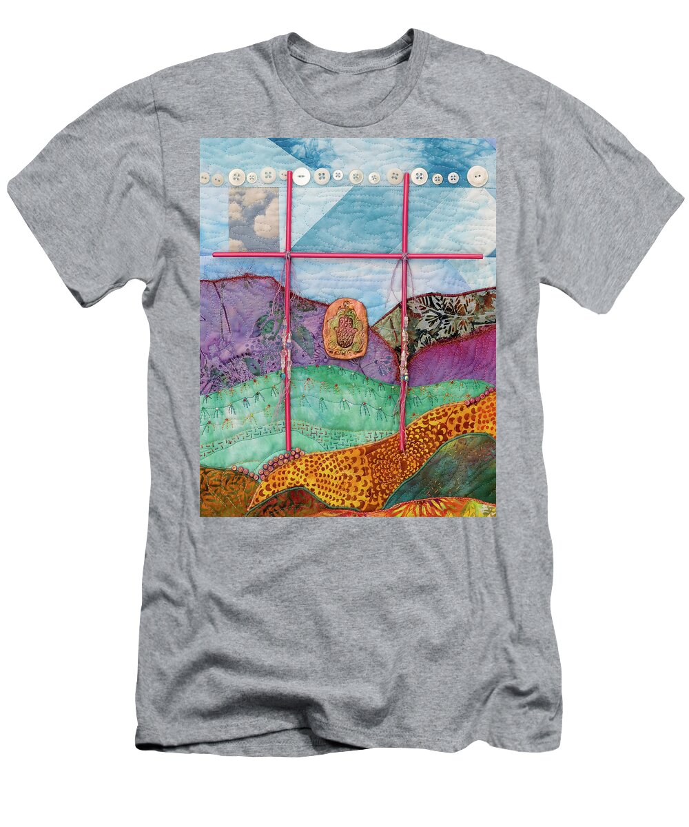 Fiber Art T-Shirt featuring the mixed media Shrine to Land and Sky G by Vivian Aumond