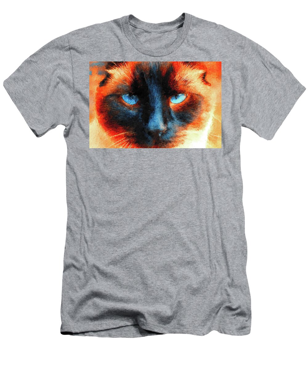 Siamese Cat T-Shirt featuring the digital art Siamese cat face close-up - blue and orange digital painting by Nicko Prints