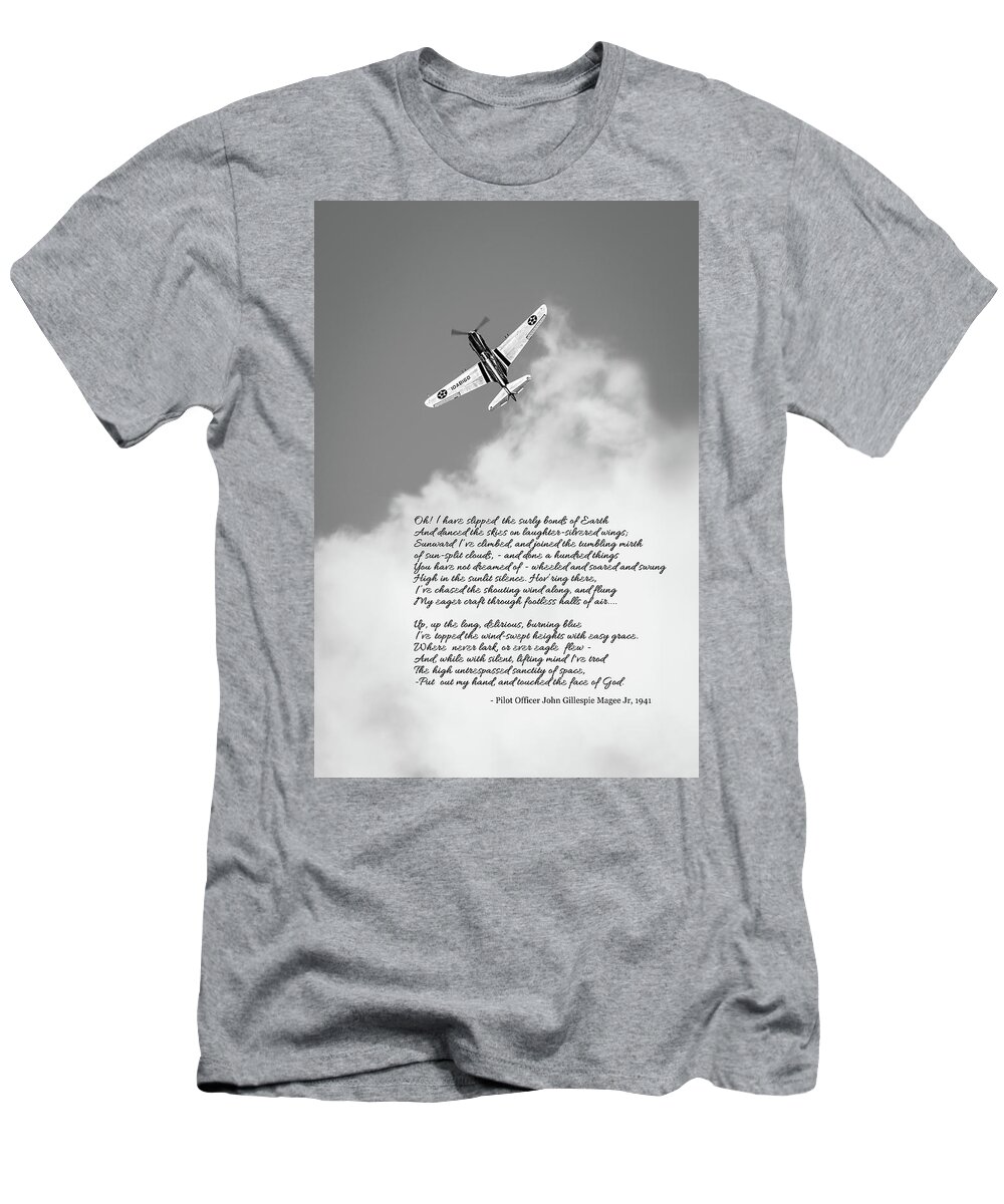 39-159 T-Shirt featuring the photograph Silver P40 High Flight poem BW version by Gary Eason