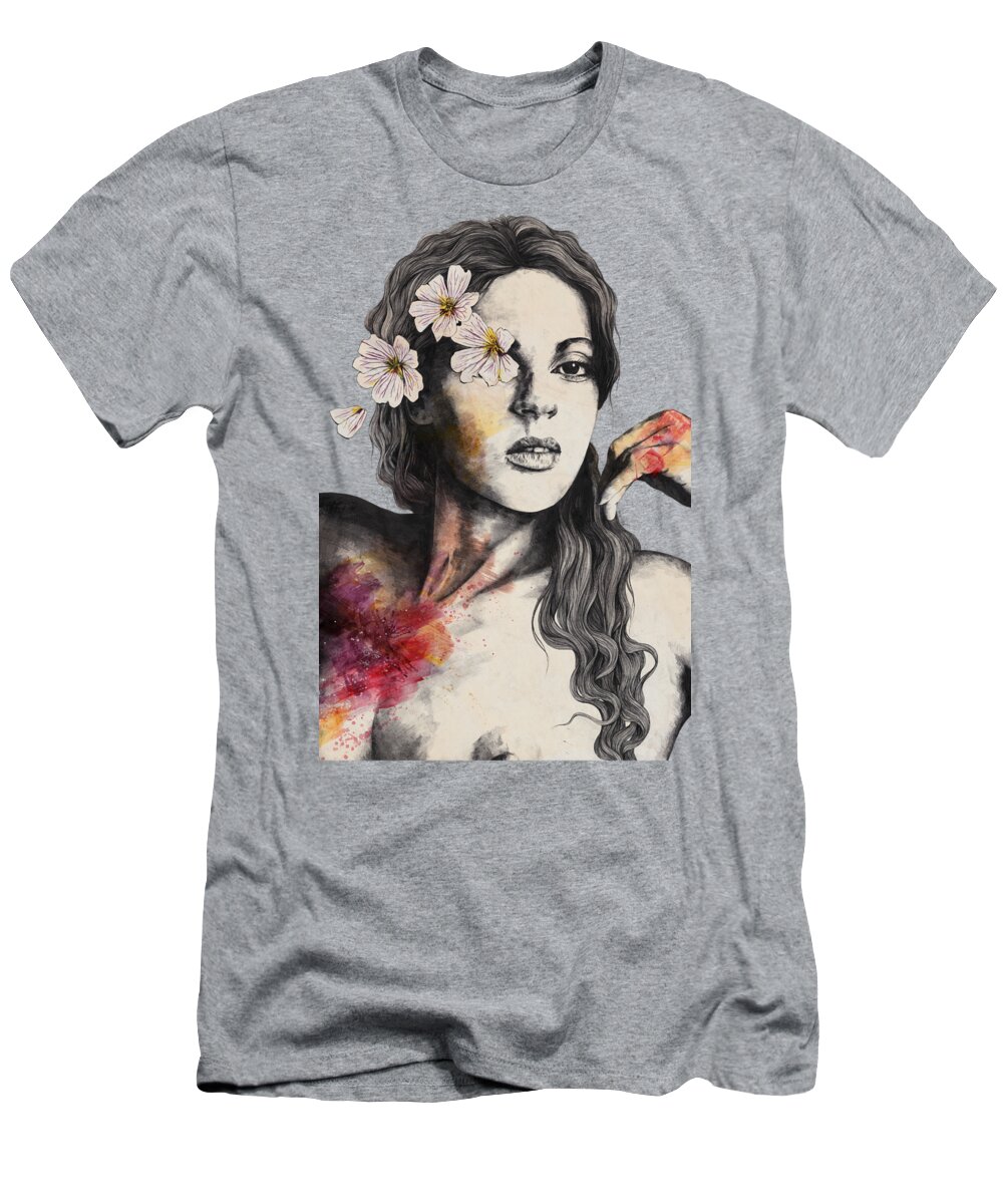 Nude Female T-Shirt featuring the drawing Sinaia - nude flower lady portrait by Marco Paludet
